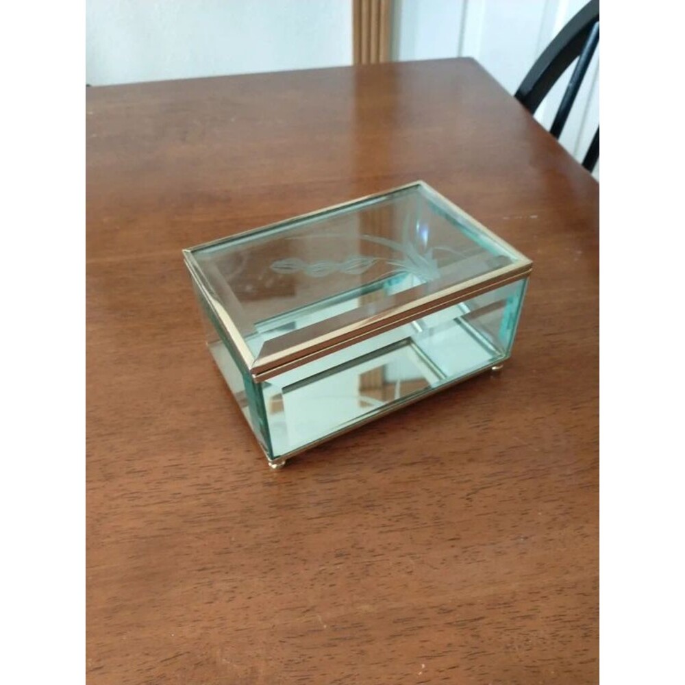 Vintage Jewelry Box, Beveled Glass With Brass Edging And Mirrored Bottom